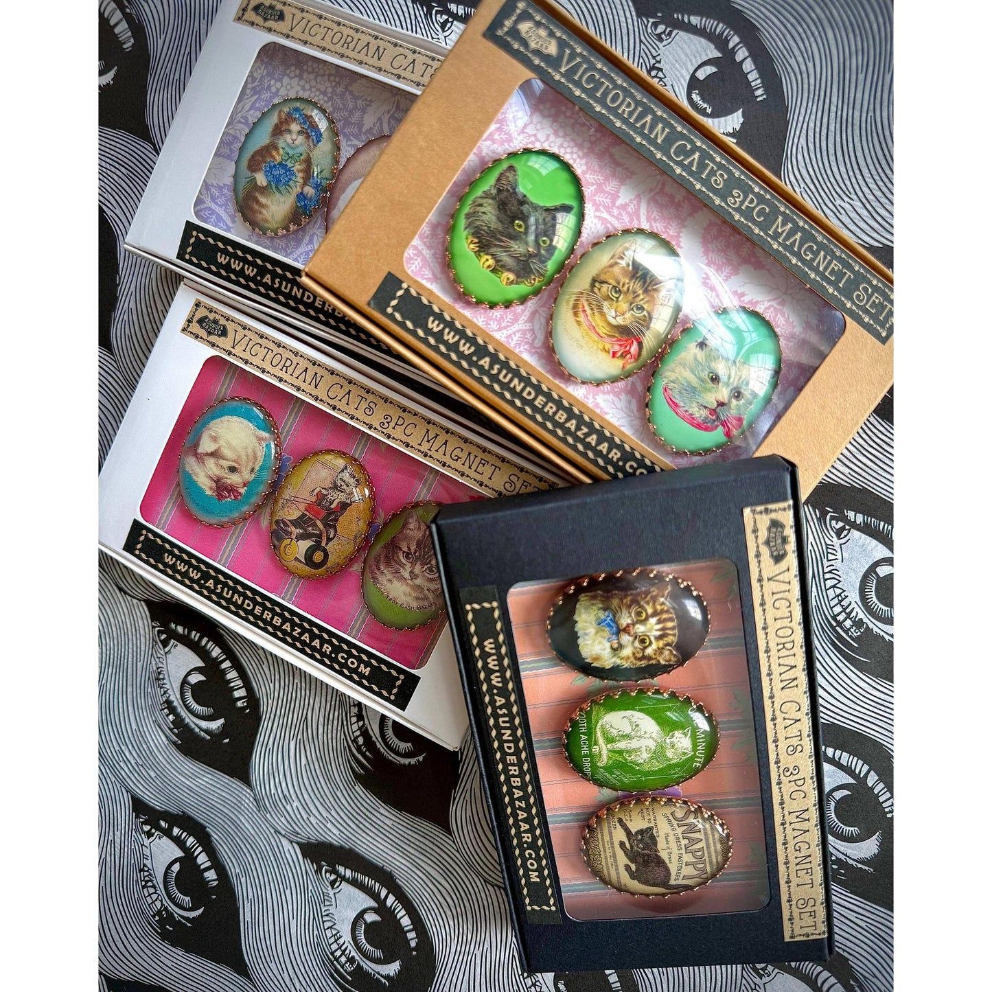 Victorian Cats 3-Piece Handmade Glass Magnets | 4 Styles