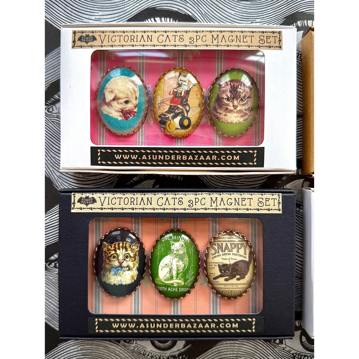 Victorian Cats 3-Piece Handmade Glass Magnets | 4 Styles