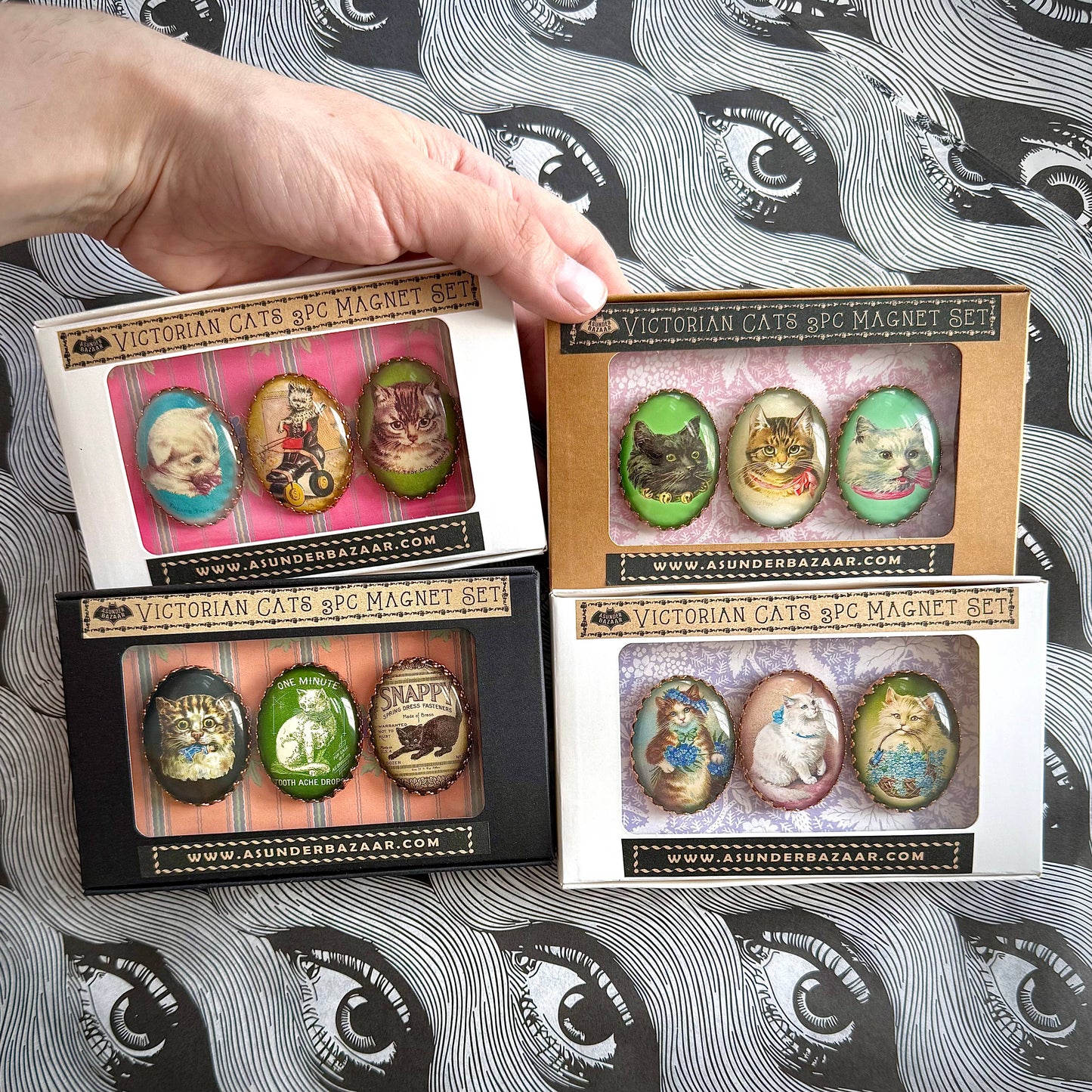 Victorian Cats 3-Piece Handmade Glass Magnets | 4 Styles
