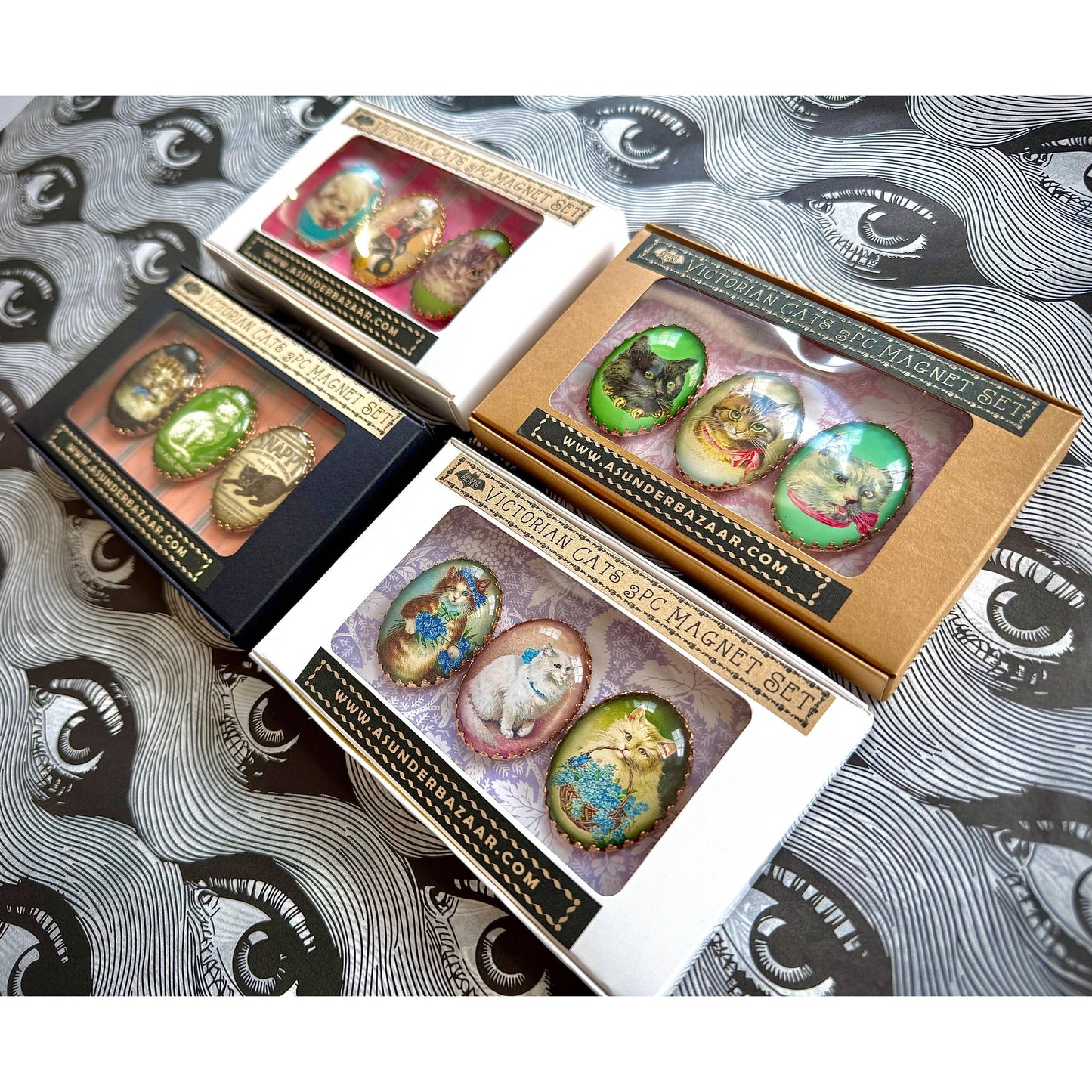 Victorian Cats 3-Piece Handmade Glass Magnets | 4 Styles