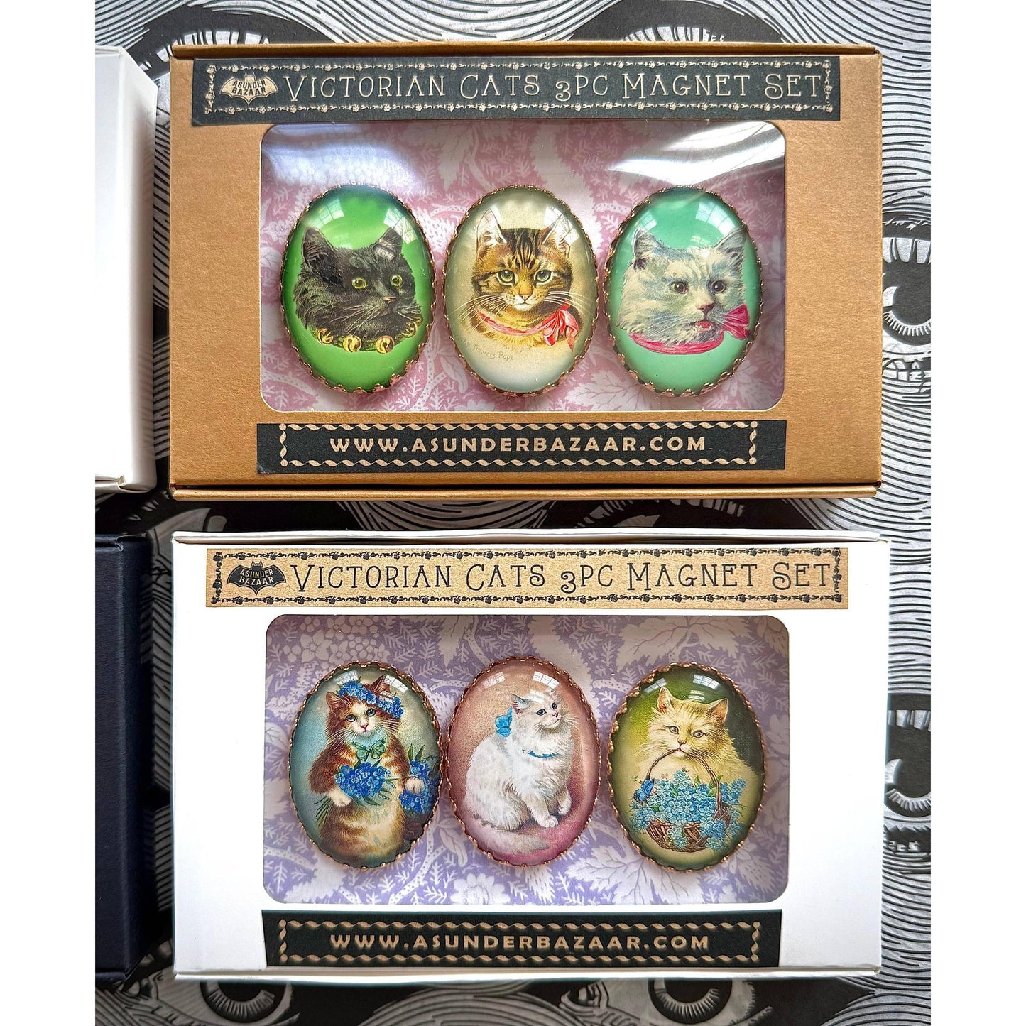 Victorian Cats 3-Piece Handmade Glass Magnets | 4 Styles