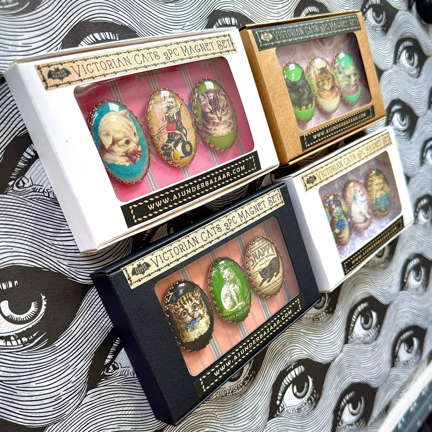 Victorian Cats 3-Piece Handmade Glass Magnets | 8 Styles