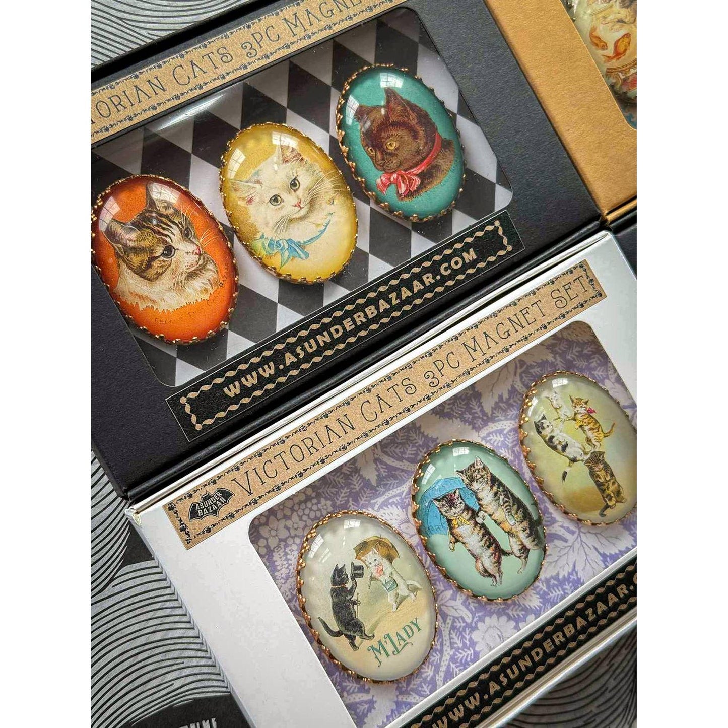 Victorian Cats 3-Piece Handmade Glass Magnets | 8 Styles