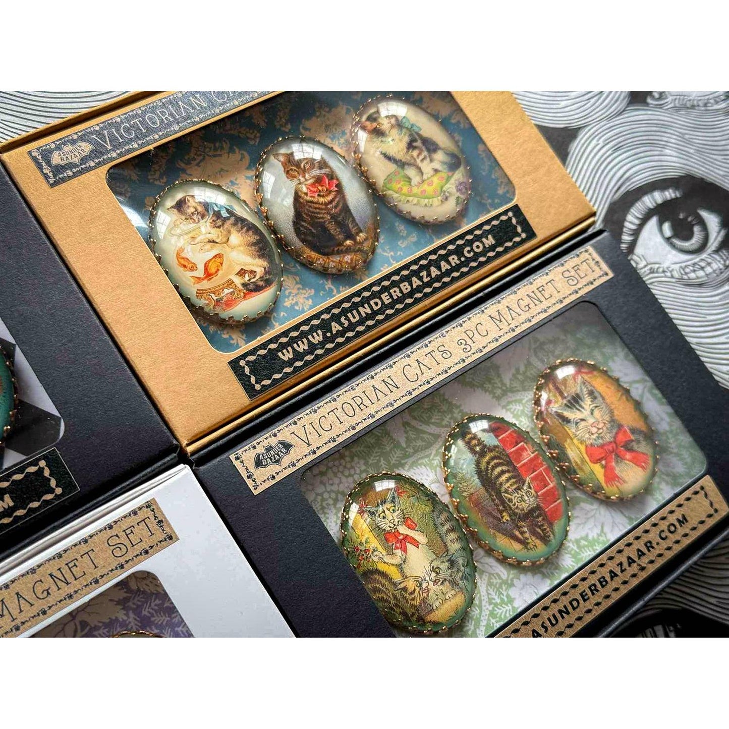 Victorian Cats 3-Piece Handmade Glass Magnets | 8 Styles
