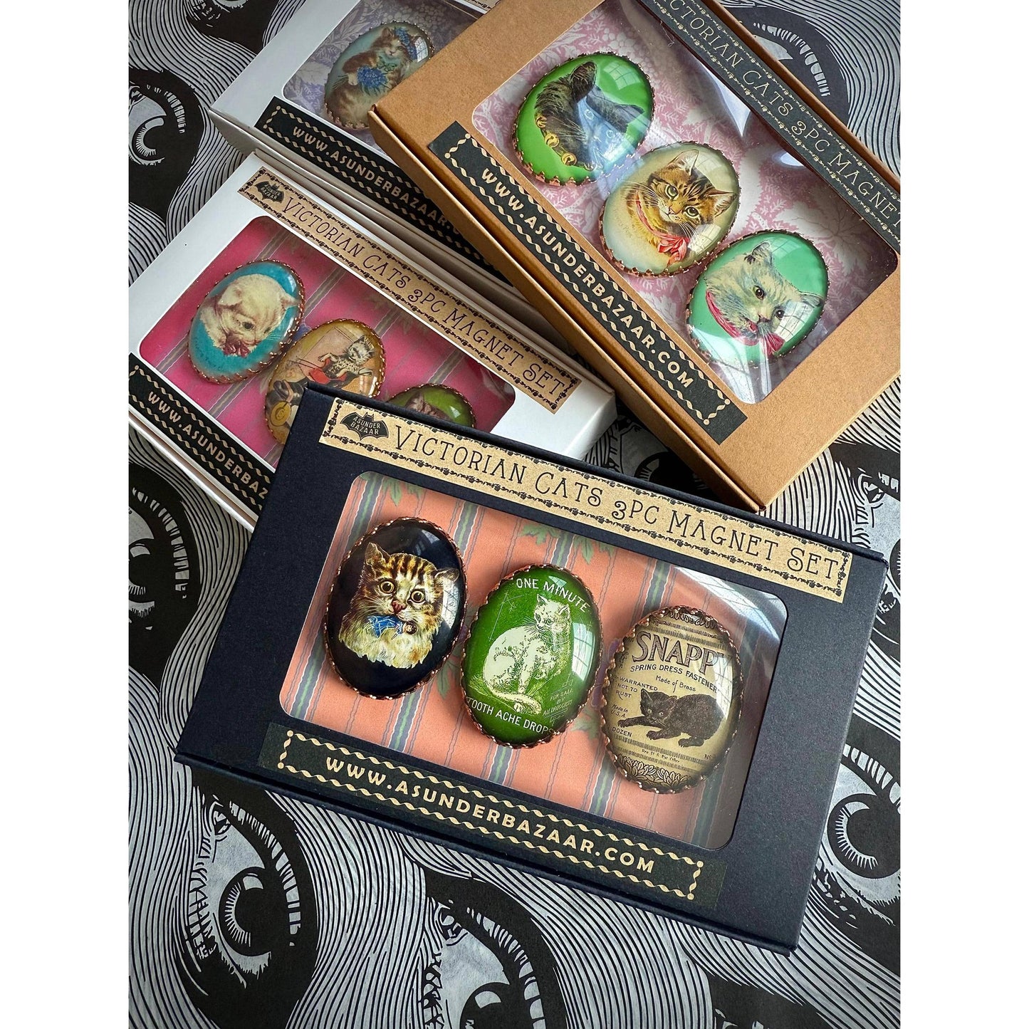 Victorian Cats 3-Piece Handmade Glass Magnets | 8 Styles