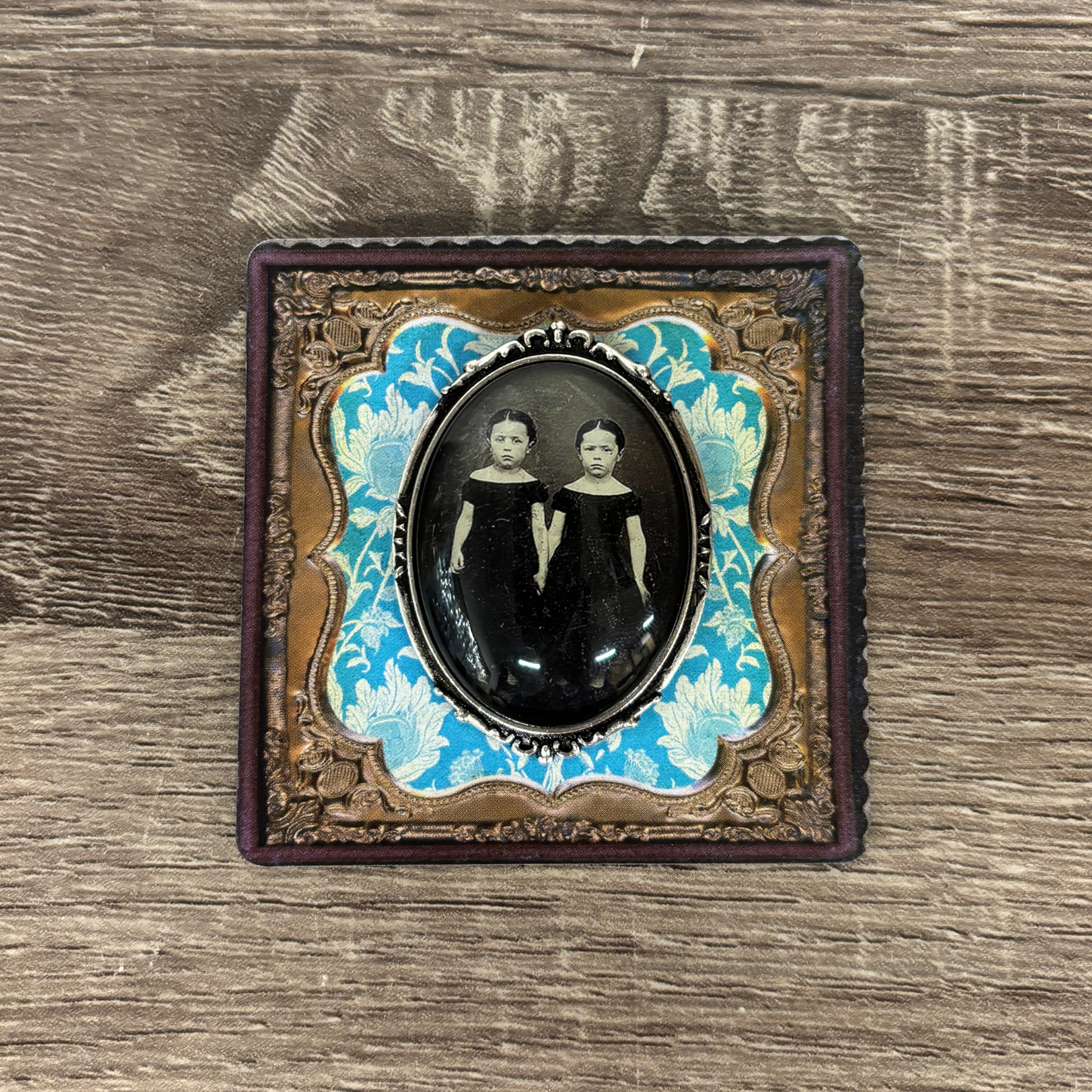 Victorian Creepy Twins Photo Brooch Vintage Halloween Art