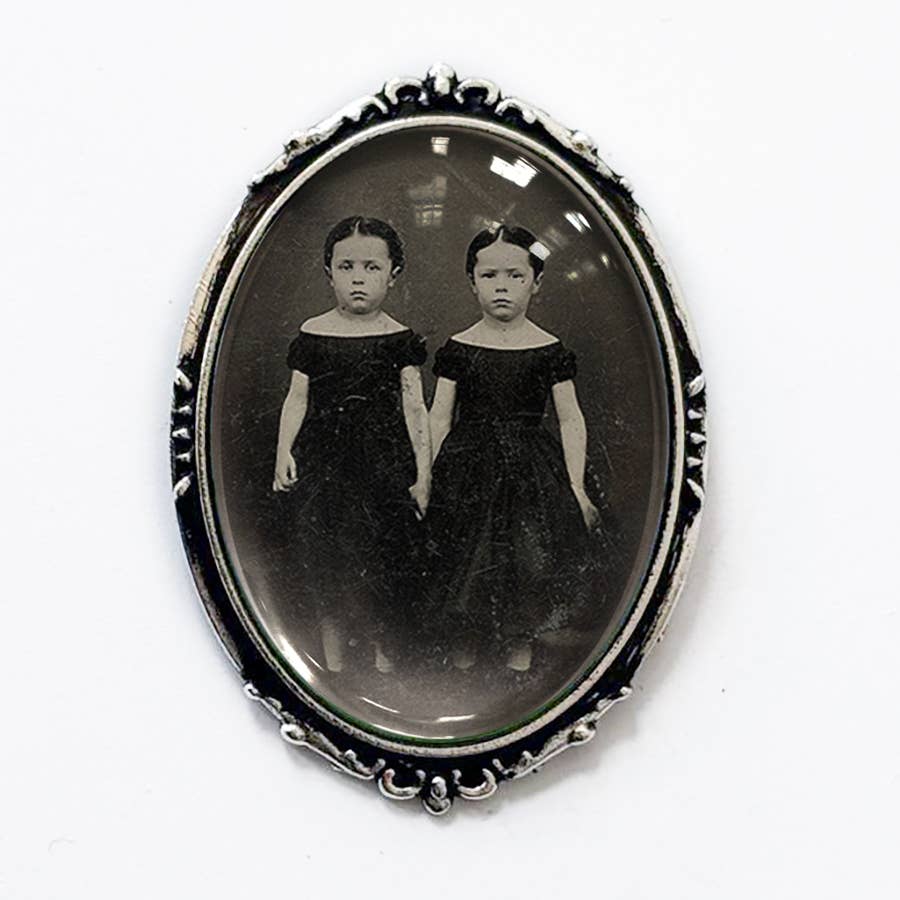 Victorian Creepy Twins Photo Brooch Vintage Halloween Art
