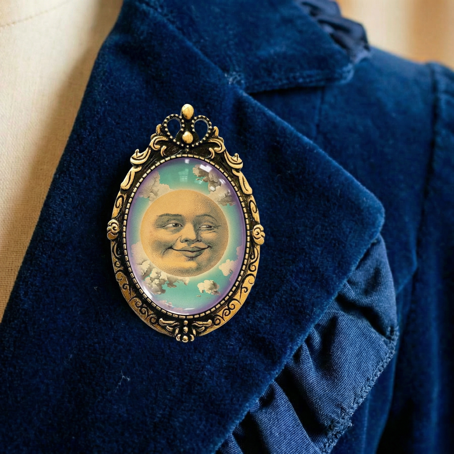 Victorian Happy Moon Brooch | Vintage Man in the Moon Celestial Art Glass Cabochon Pin