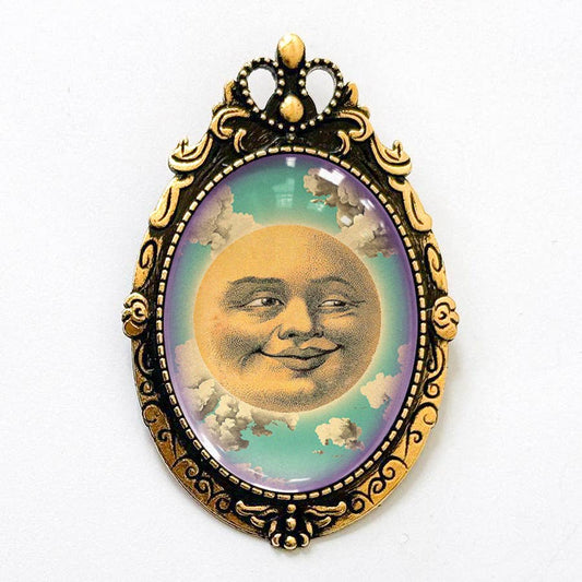Victorian Happy Moon Brooch | Vintage Man in the Moon Celestial Art Glass Cabochon Pin