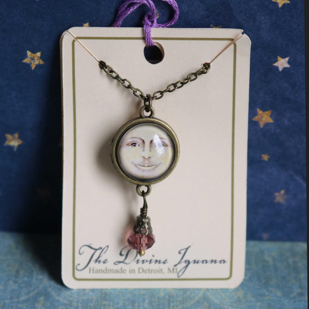 Victorian Man in the Moon Pendant Necklace | Reversible Glass Cabochon, Antiqued Bronze Chain, Celestial Jewelry