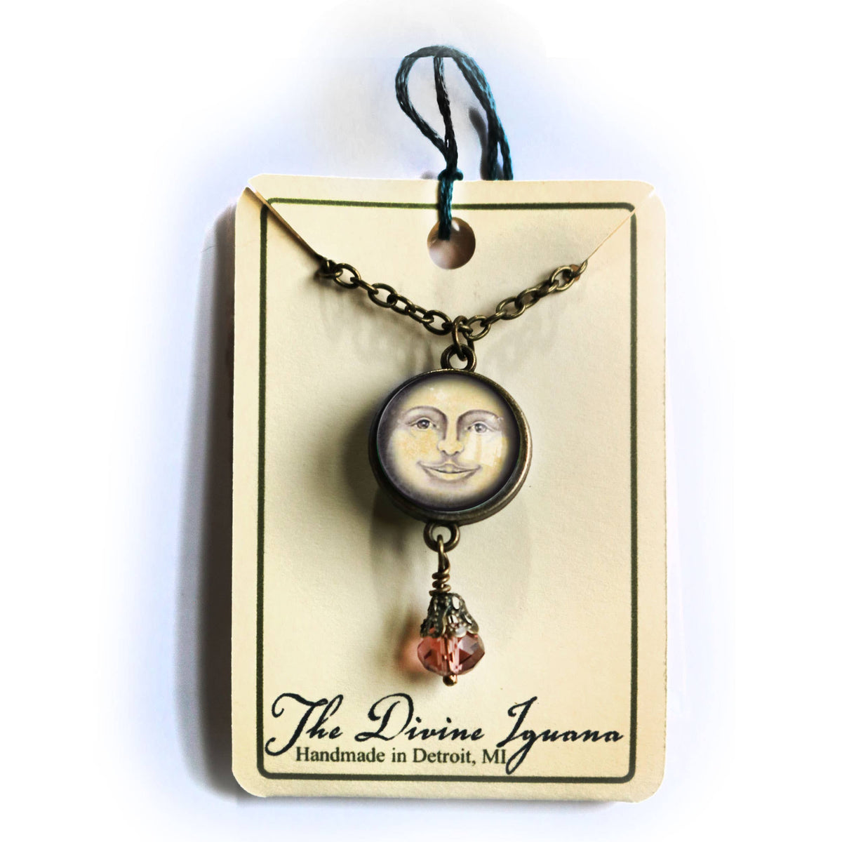 Victorian Man in the Moon Pendant Necklace | Reversible Glass Cabochon, Antiqued Bronze Chain, Celestial Jewelry