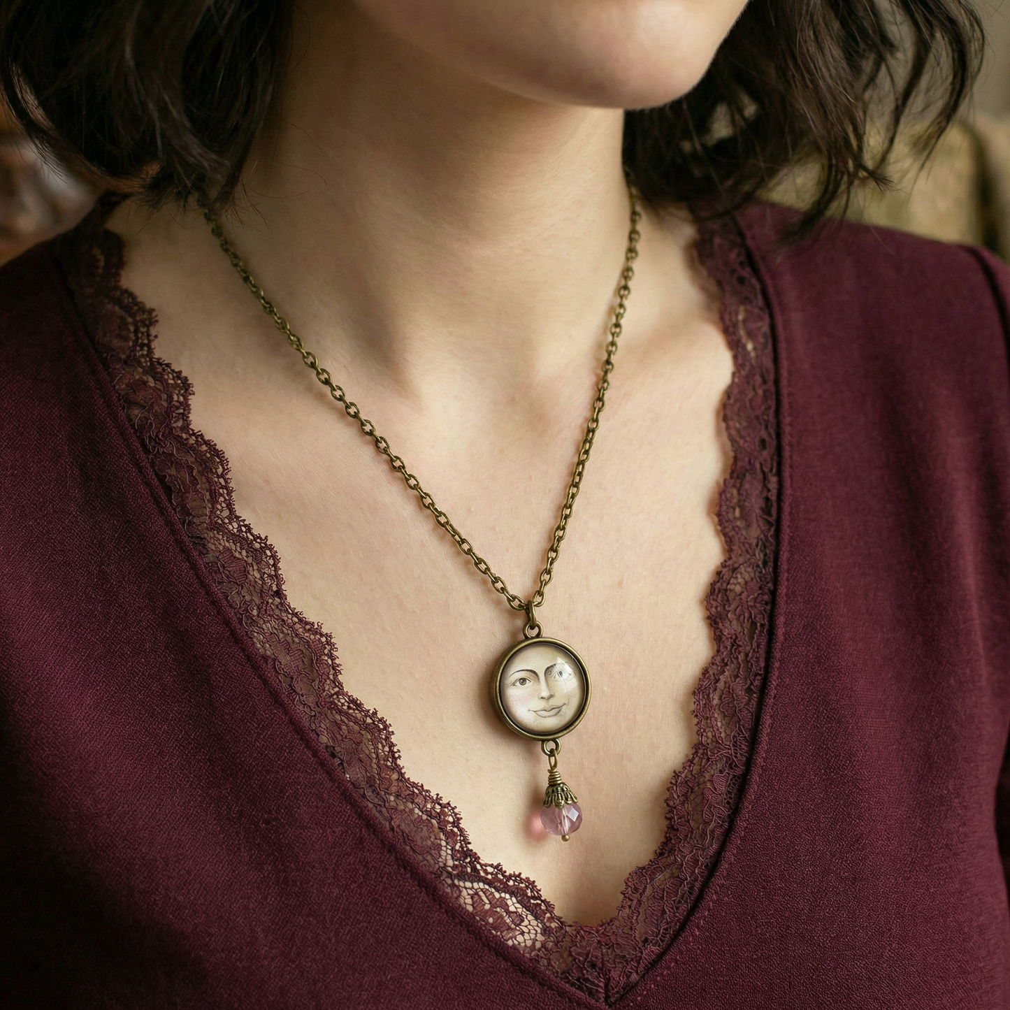 Victorian Man in the Moon Pendant Necklace | Reversible Glass Cabochon, Antiqued Bronze Chain, Celestial Jewelry