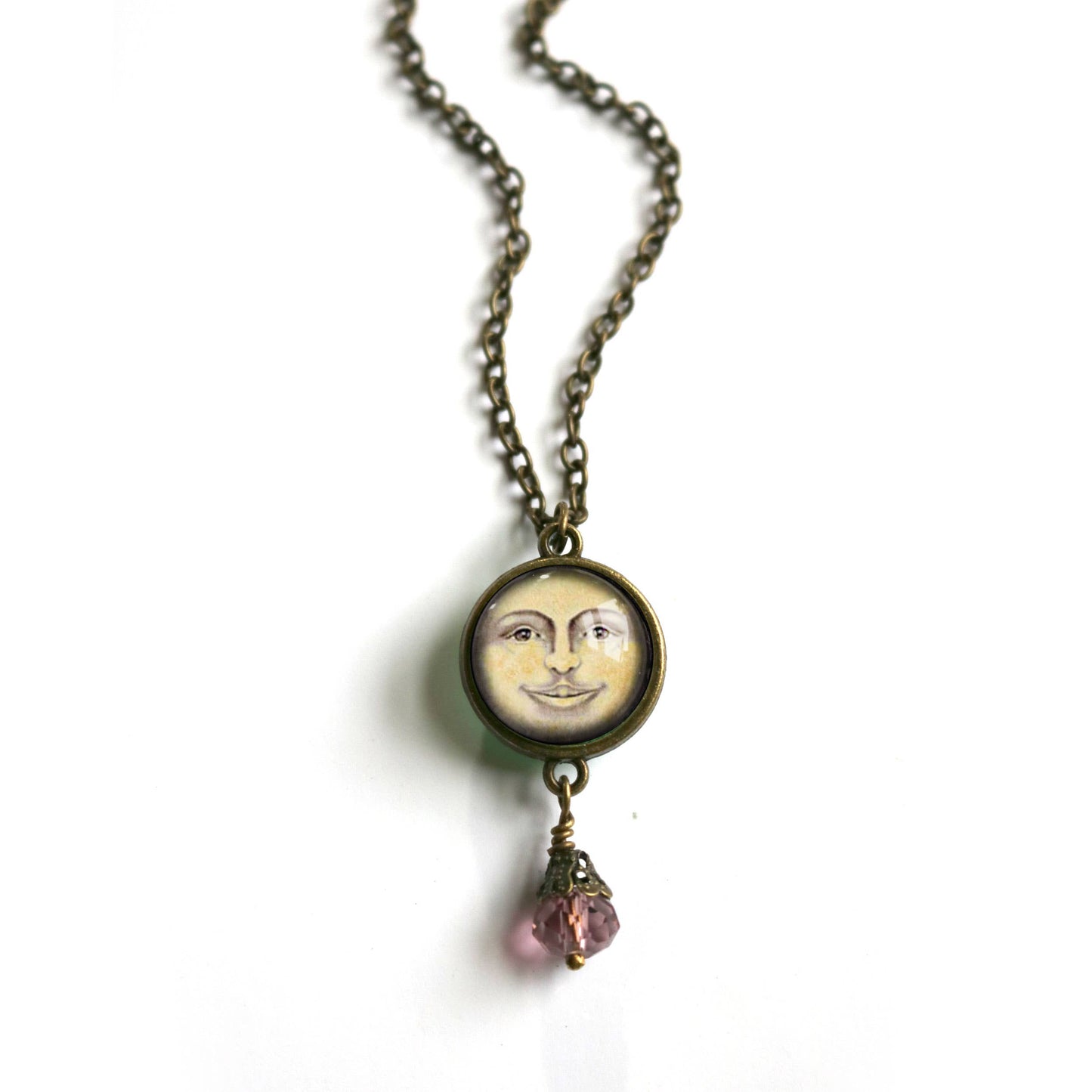 Victorian Man in the Moon Pendant Necklace | Reversible Glass Cabochon, Antiqued Bronze Chain, Celestial Jewelry