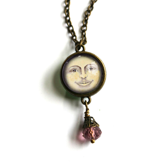 Victorian Man in the Moon Pendant Necklace | Reversible Glass Cabochon, Antiqued Bronze Chain, Celestial Jewelry