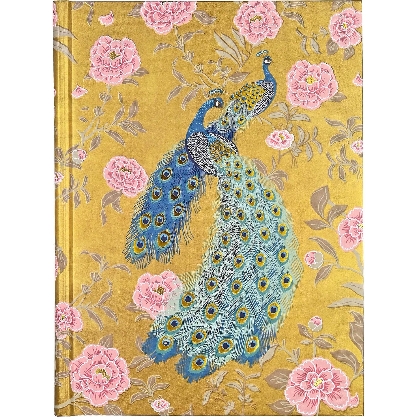Decorative notebook with peacock and floral design on a yellow background