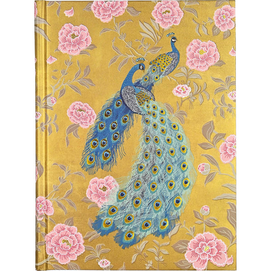 Decorative notebook with peacock and floral design on a yellow background