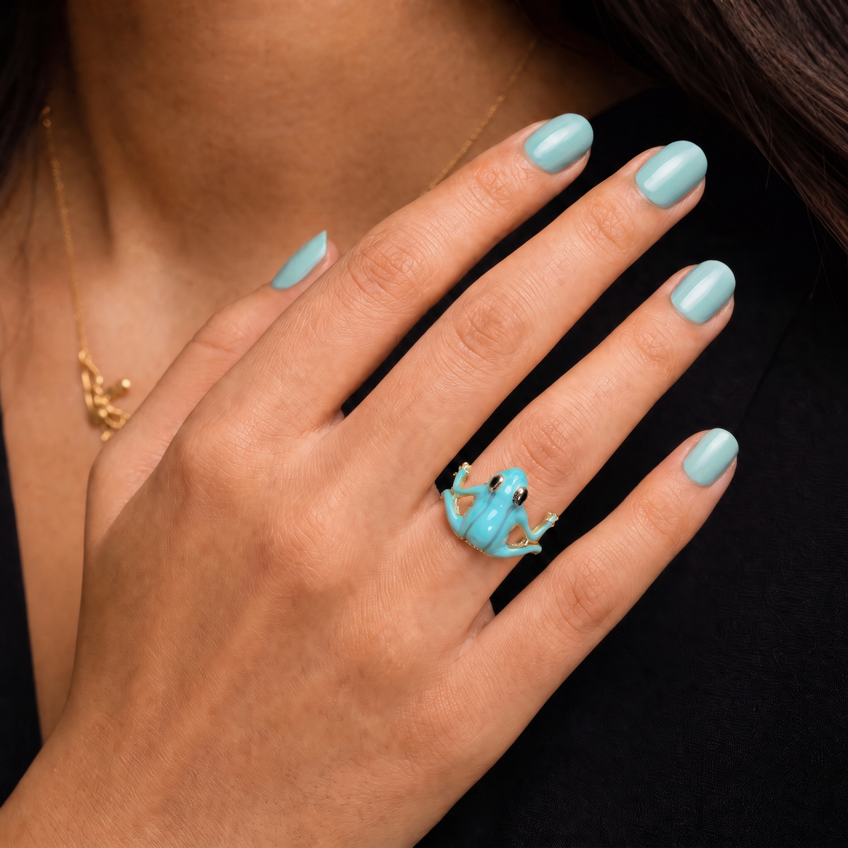 Vietnamese Blue Tree Frog Ring | Green & Gold Metal Frog Wrap Ring-Paper & Quartz-The Bullish Store