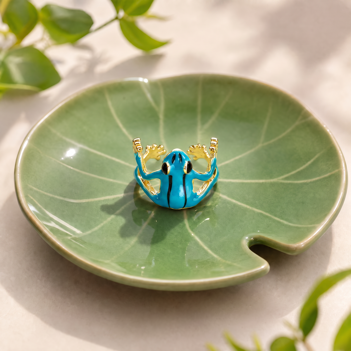 Vietnamese Blue Tree Frog Ring | Green & Gold Metal Frog Wrap Ring-Paper & Quartz-The Bullish Store