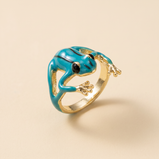 Vietnamese Blue Tree Frog Ring | Green & Gold Metal Frog Wrap Ring-Paper & Quartz-The Bullish Store
