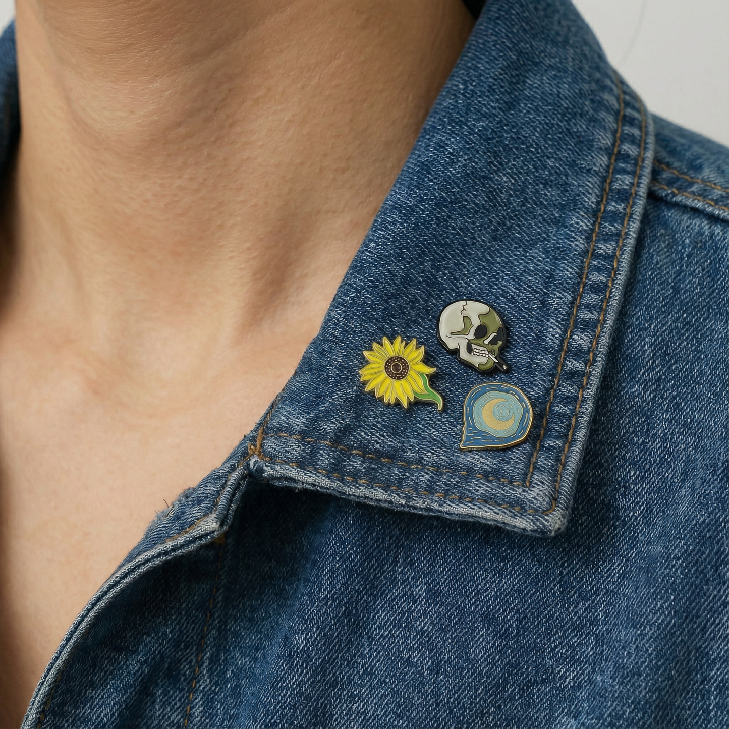 Vincent van Gogh Enamel Pins Set of 3 | Sunflower, Starry Night & Skull Art Soft Lapel Pins