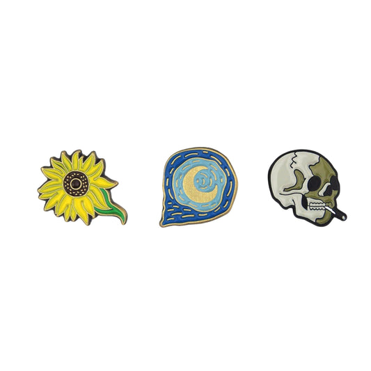 Vincent van Gogh Enamel Pins Set of 3 | Sunflower, Starry Night & Skull Art Soft Lapel Pins
