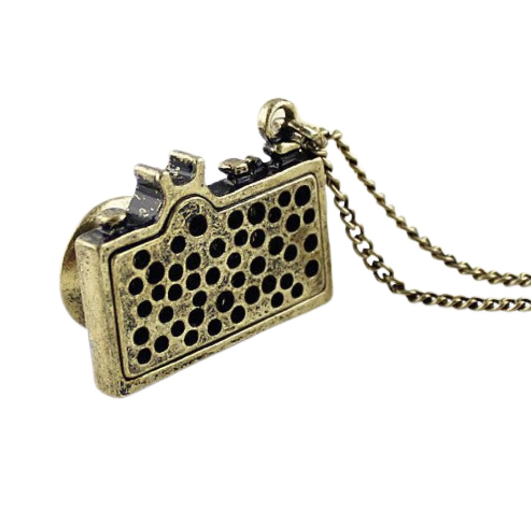 Vintage Camera Necklace in Teal | Antique Brass Long Chain | Gift Box