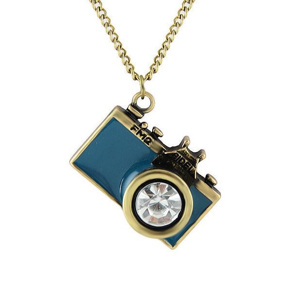 Vintage Camera Necklace in Teal | Antique Brass Long Chain | Gift Box