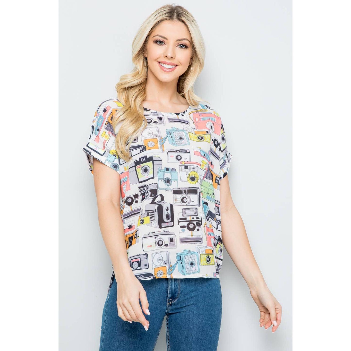 Vintage Camera Print Short Sleeve Top [SM-L]
