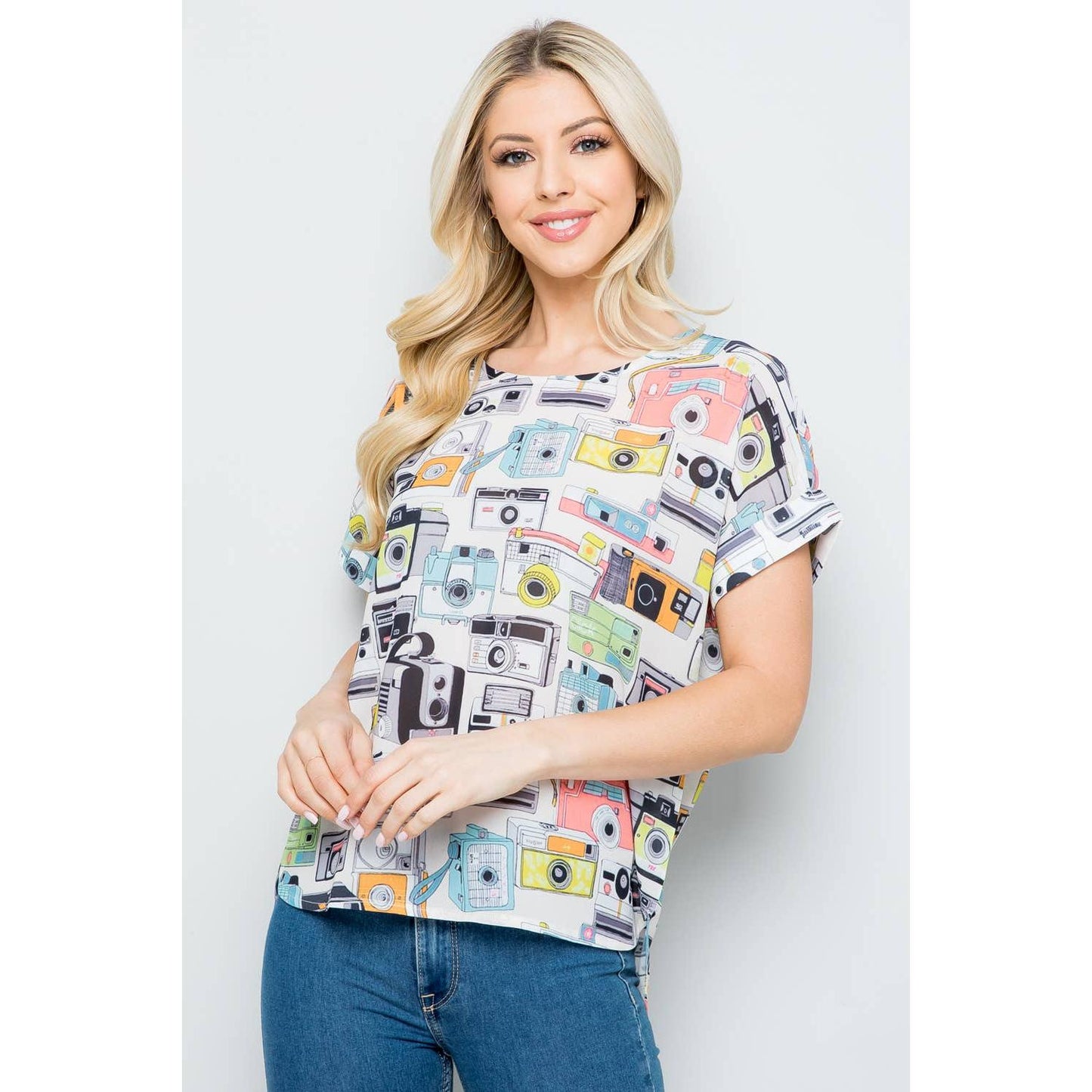 Vintage Camera Print Short Sleeve Top [SM-L]