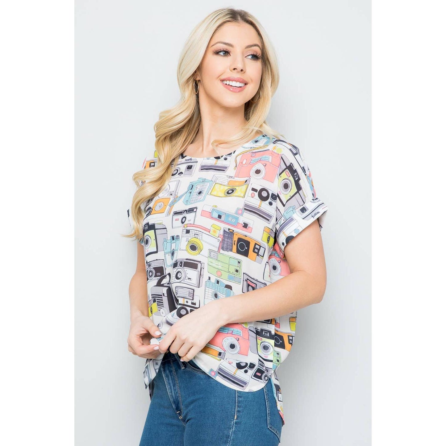 Vintage Camera Print Short Sleeve Top [SM-L]