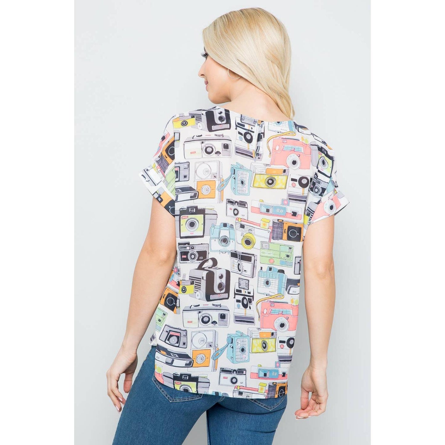 Vintage Camera Print Short Sleeve Top [SM-L]