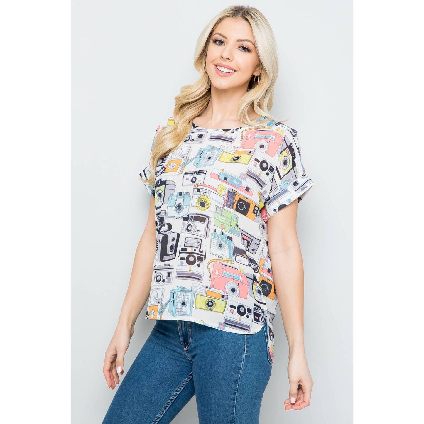 Vintage Camera Print Short Sleeve Top [SM-L]