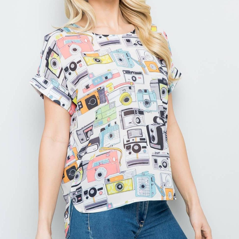 Vintage Camera Print Short Sleeve Top [SM-L]-LA Soul-The Bullish Store