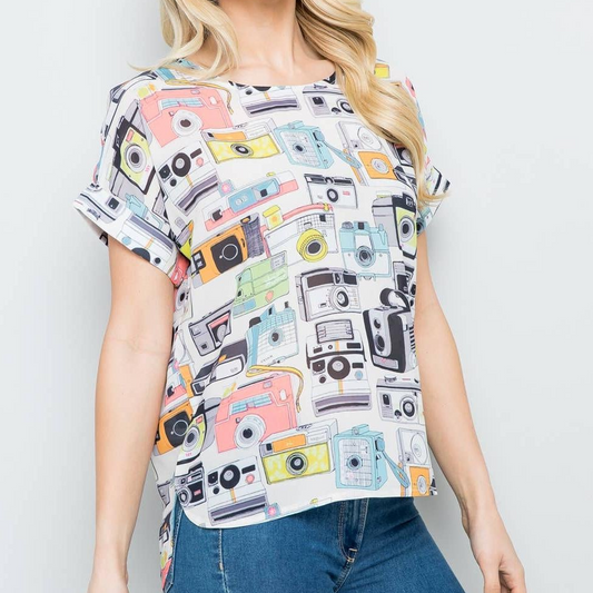 Vintage Camera Print Short Sleeve Top [SM-L]-LA Soul-The Bullish Store