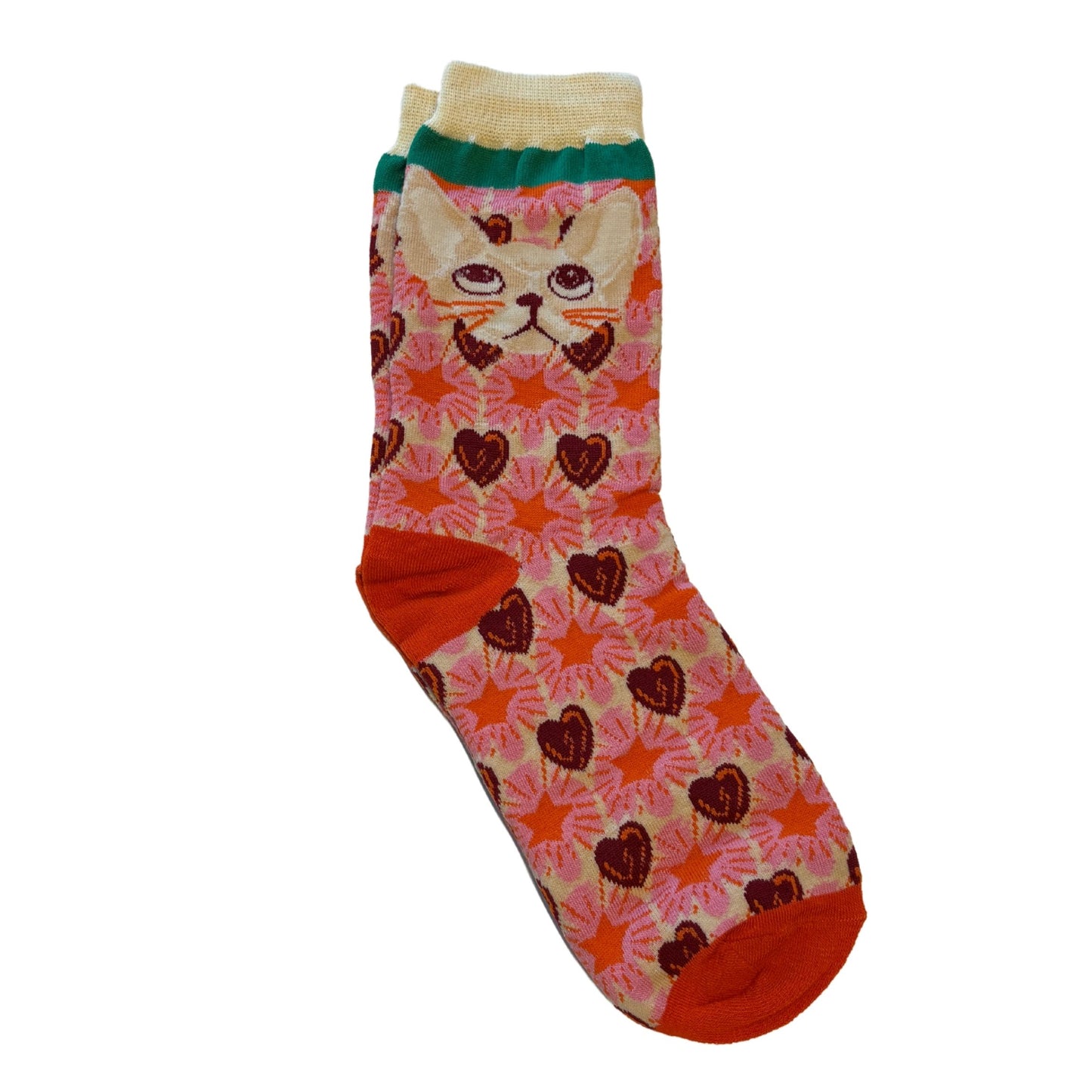Vintage Cat Face Heart Socks | Pink Women‘s Crew Socks