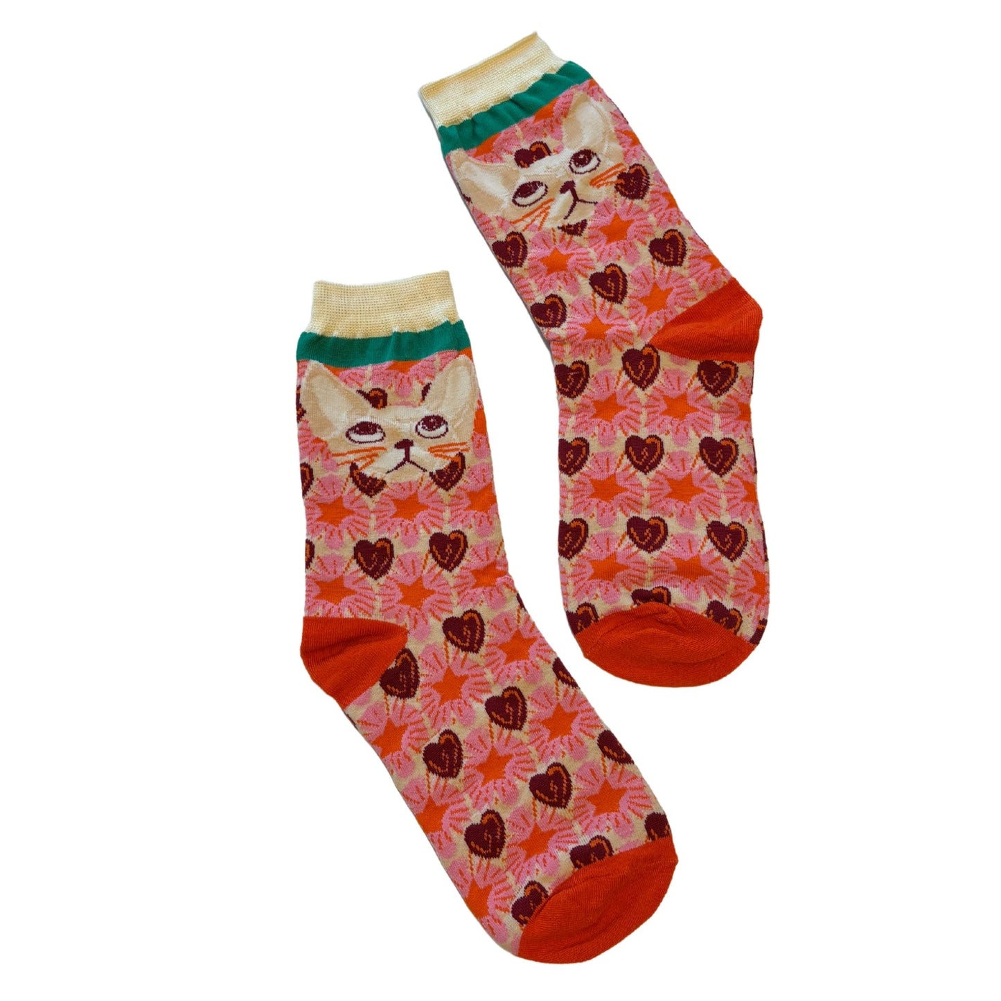 Vintage Cat Face Heart Socks | Pink Women‘s Crew Socks
