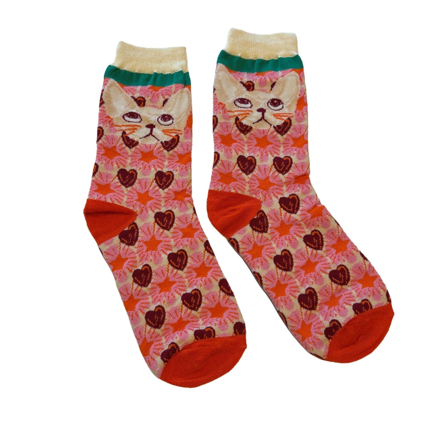 Vintage Cat Face Heart Socks | Pink Women‘s Crew Socks