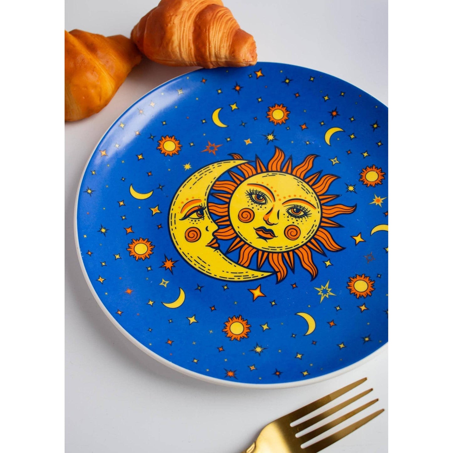 Vintage Celestial Dinner Plate in Yellow and Blue | Sun Moon Stars Ceramic Dish Tableware | 9"