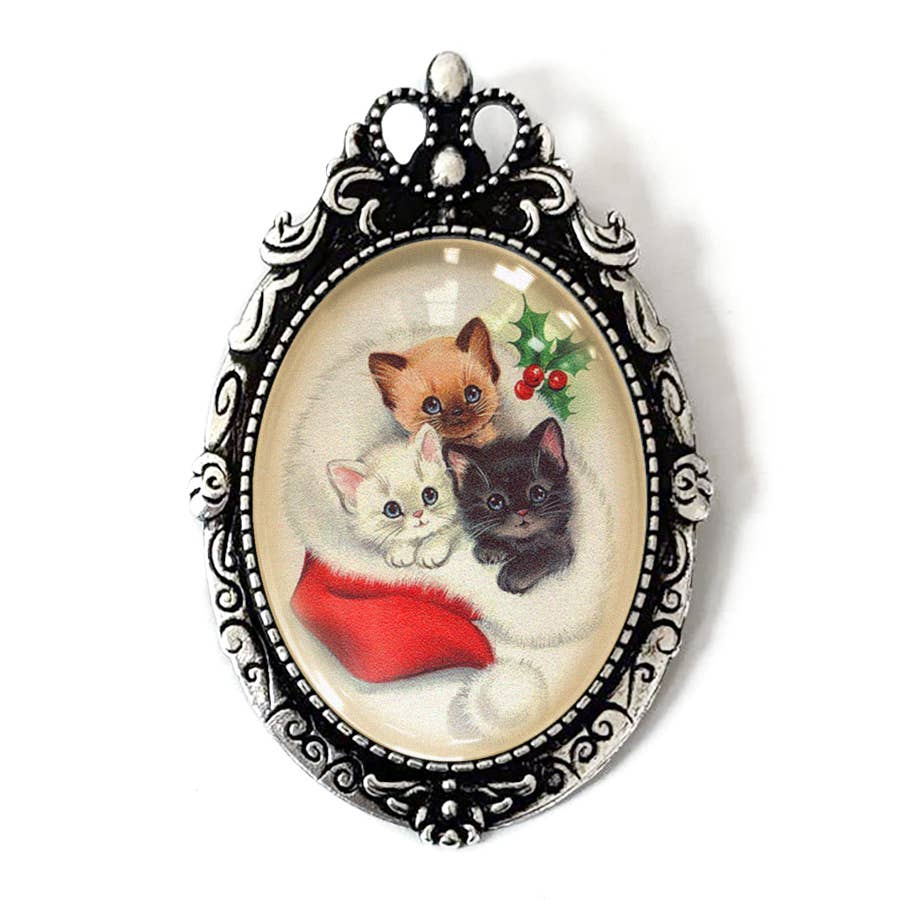 Vintage Christmas Kittens Brooch in Antiqued Silver-Asunder Bazaar-The Bullish Store