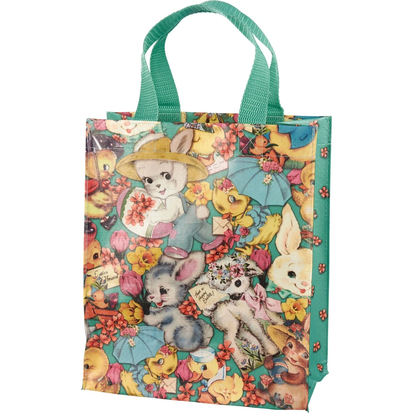 Vintage Easter Daily Tote Bag | Bunnies, Chicks, Lambs Illustrated Lunch Storage Bag | 8.75" x 10.25" x 4.75"