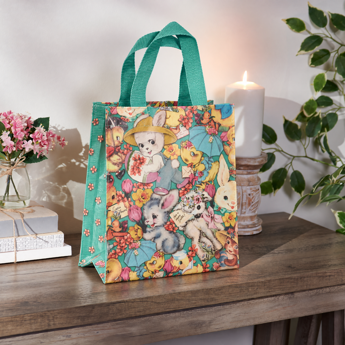 Vintage Easter Daily Tote Bag | Bunnies, Chicks, Lambs Illustrated Lunch Storage Bag | 8.75" x 10.25" x 4.75"-Primitives by Kathy-The Bullish Store