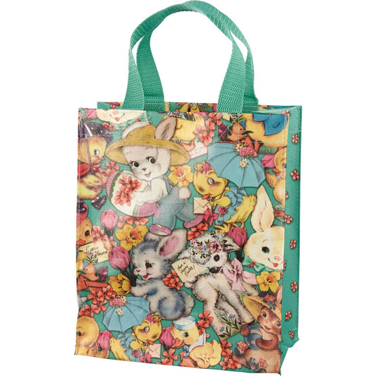 Vintage Easter Daily Tote Bag | Bunnies, Chicks, Lambs Illustrated Lunch Storage Bag | 8.75" x 10.25" x 4.75"
