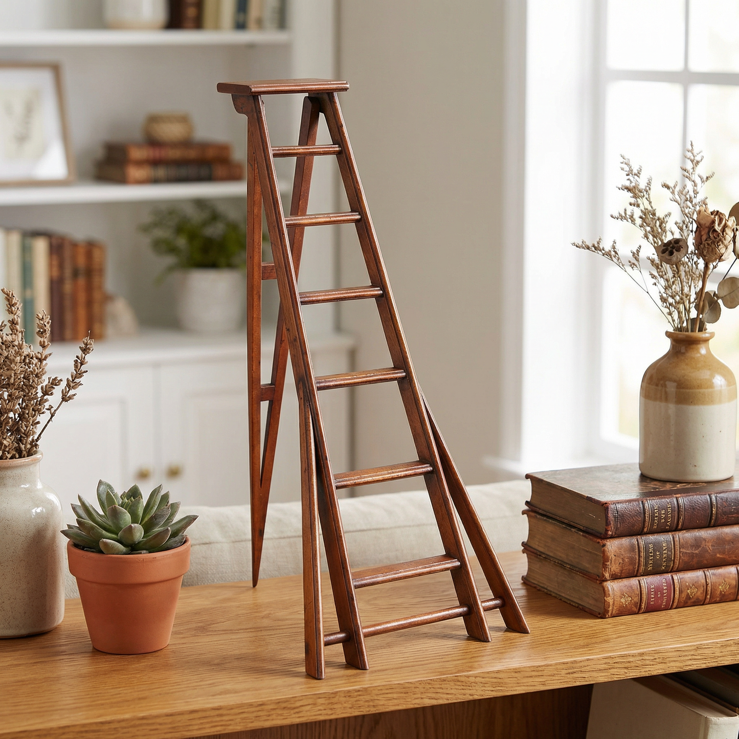 Vintage Orchard Ladder Bookshelf Decor | Miniature Reproduction Rustic Wooden Fruit Picking Ladder 14.5" Tall