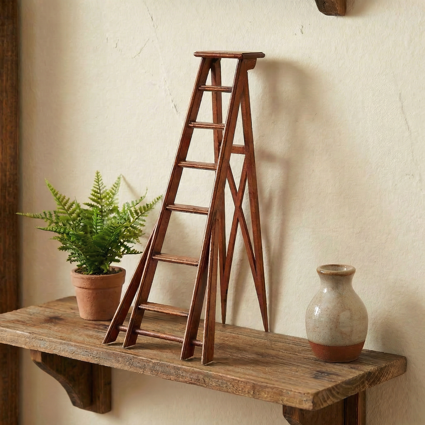 Vintage Orchard Ladder Bookshelf Decor | Miniature Reproduction Rustic Wooden Fruit Picking Ladder 14.5" Tall