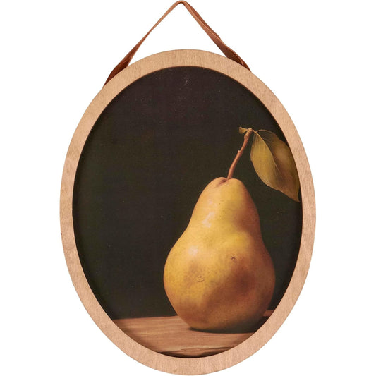 Pear with a leaf in an oval wooden frame