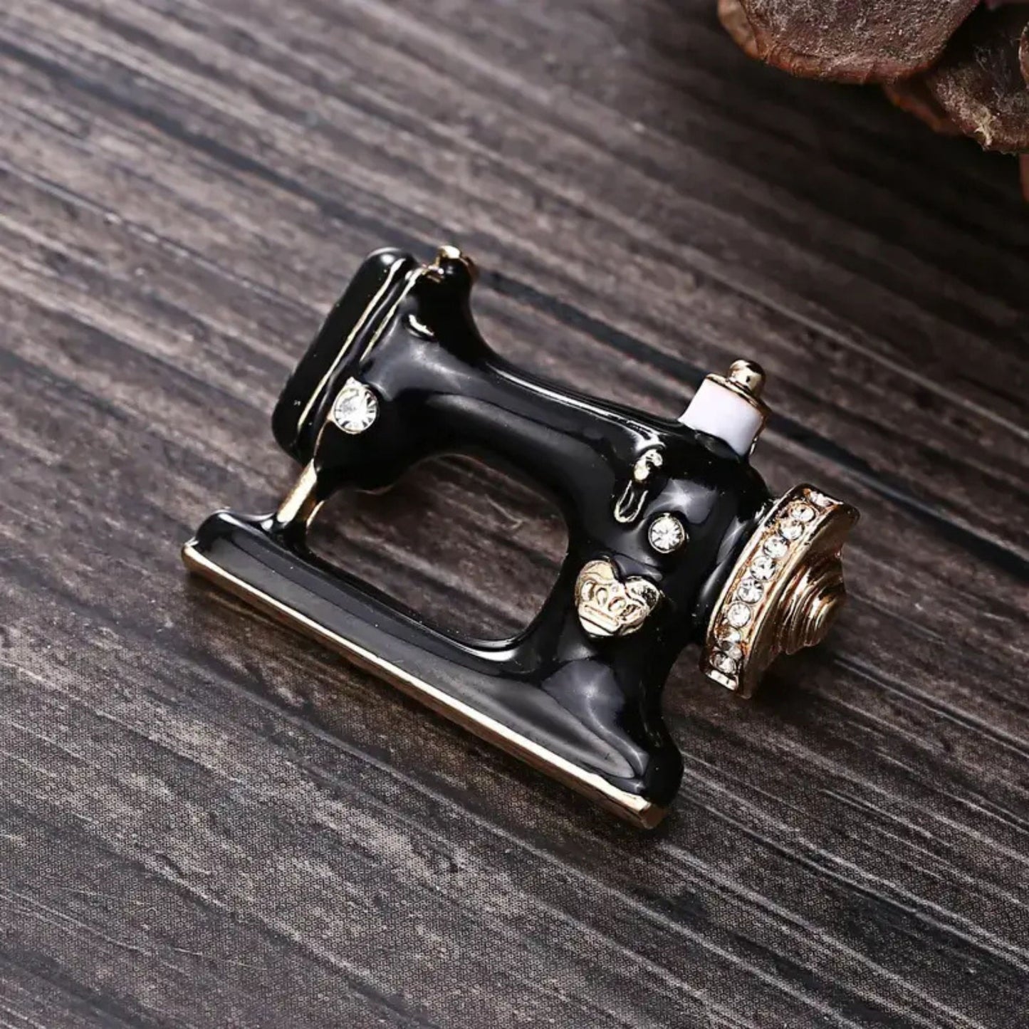 Vintage Sewing Machine Brooch | Black & Gold Enamel Pin with Rhinestones | Sewing & Craft Jewelry Gift