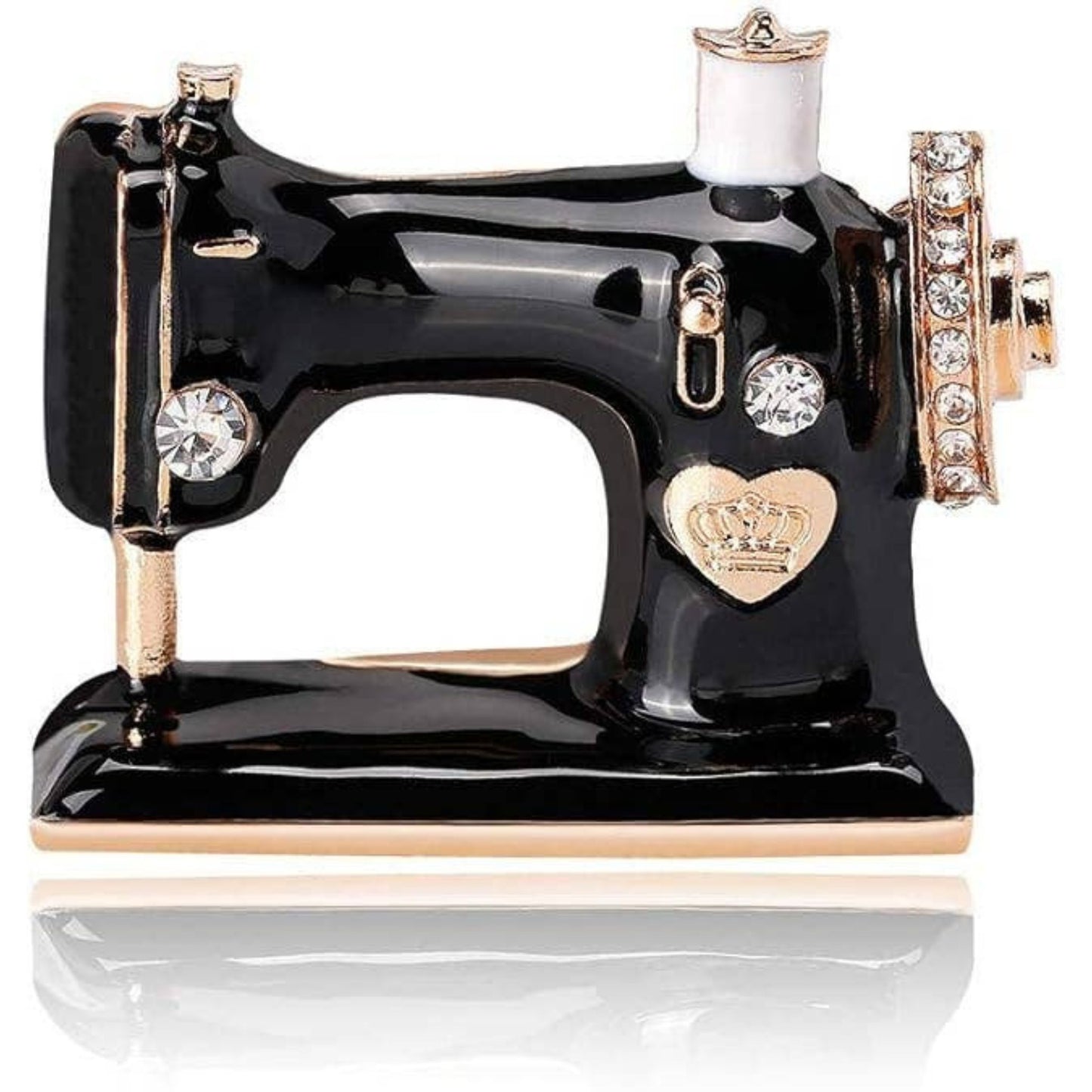 Vintage Sewing Machine Brooch | Black & Gold Enamel Pin with Rhinestones | Sewing & Craft Jewelry Gift