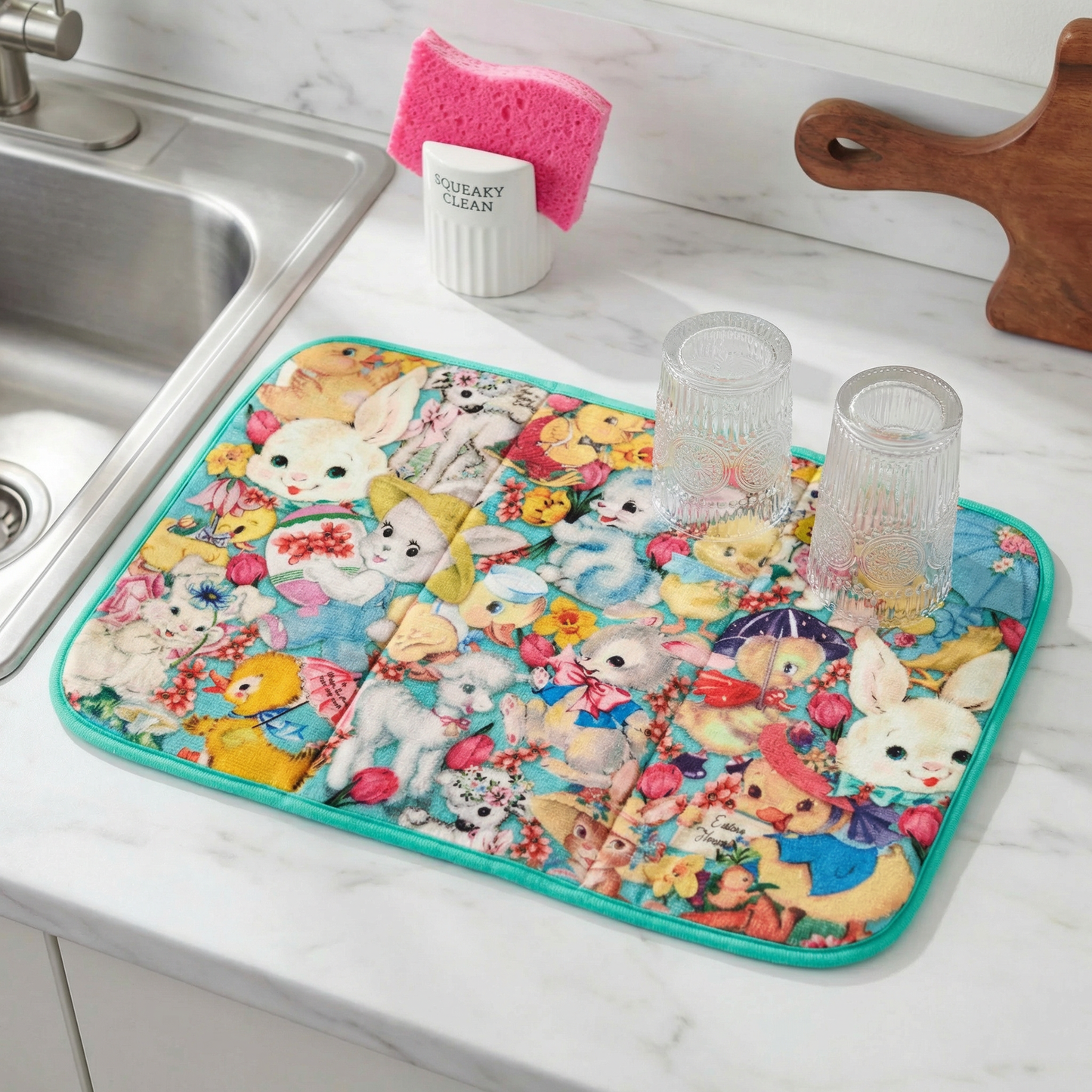 Vintage Spring Animals Drying Mat | Bunny Chick & Lamb Dish Drainer Pad | 21" x 14"