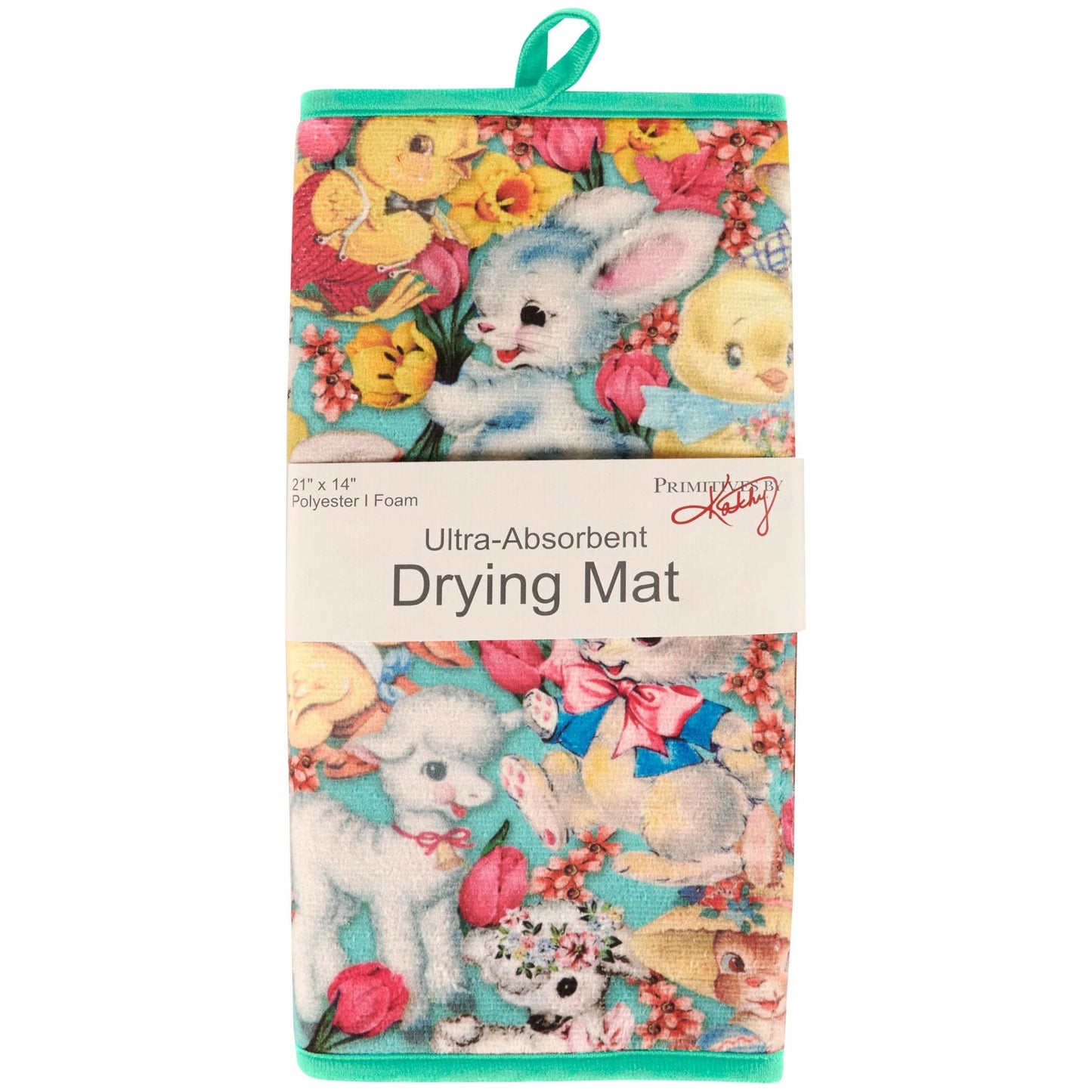 Drying mat with bunny design and floral patterns on packaging