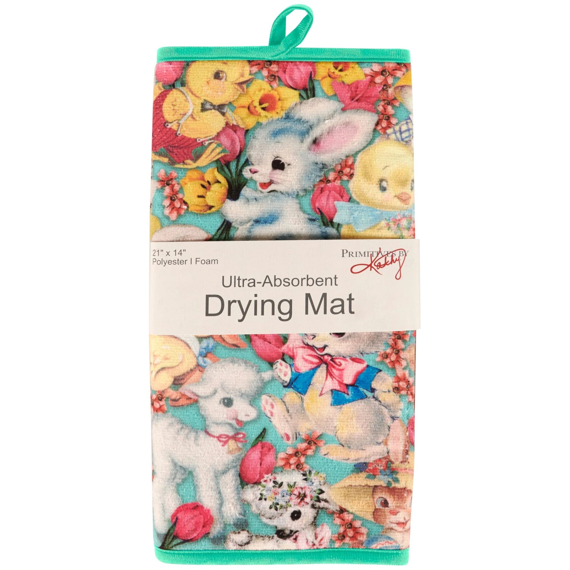 Drying mat with bunny design and floral patterns on packaging